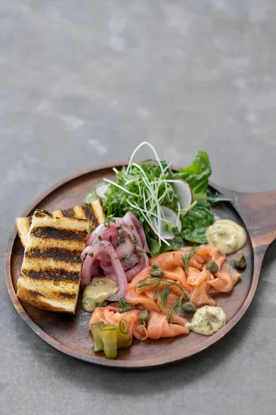 Salmon Gravlax Platter Salad Toast Grey Background Sweden — Stock fotografie