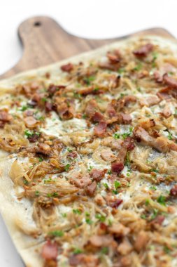 Flammkuchen tarte flambee rectangular pizza with bacon and chicken on white background