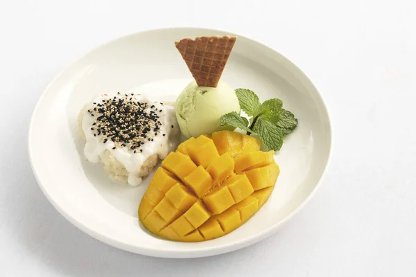 Mango Sticky Rice Pandan Ice Cream Thai Famous Dessert — Stock Photo, Image