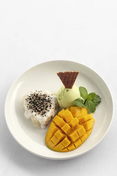 Mango Med Klibbiga Ris Och Pandan Glass Thailändsk Berömd Dessert — Stockfoto