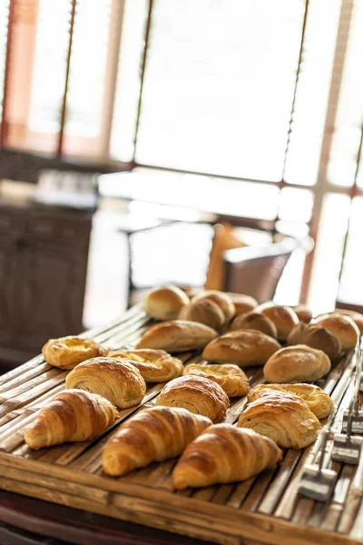 Selection Traditional Pastries Bread Display French Cafe Buffet — Stock Photo, Image