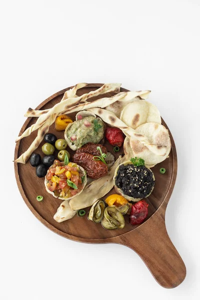Vegan Tapas Snacks Sharing Wood Board Platter White Background — Stock Photo, Image