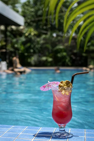 Tropical Sinagpore Sling Cocktail Tall Glass Resort Swimming Pool — 스톡 사진