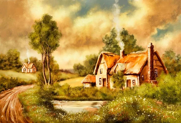 Old house in the woods. Digital oil paintings, old house on the bank of a small pond with trees and a road, Victorian vintage painting style. Fine art, artwork