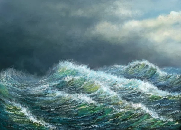 Oceánské Vlny Bouře Moři Modrá Obloha Mraky Olejomalby Mořská Krajina — Stock fotografie