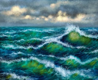 Dijital yağlı boya tabloları deniz manzarası, gün batımında dalgalar, denizde dalgalar. Güzel sanatlar, sanat eserleri