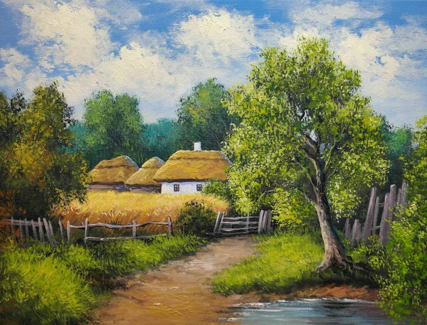 Old house in the woods. Oil paintings, old house on the bank of a small pond with trees and a road, Ukrainian vintage painting style. Fine art, artwork