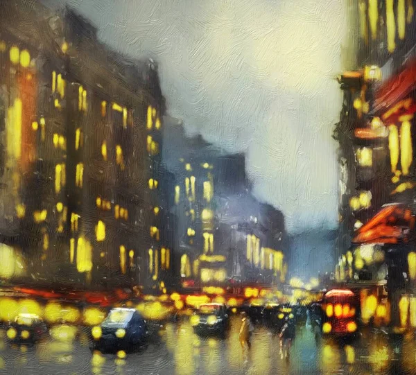 Oil paintings landscape, night view of the city of the city. Artwork, fine art