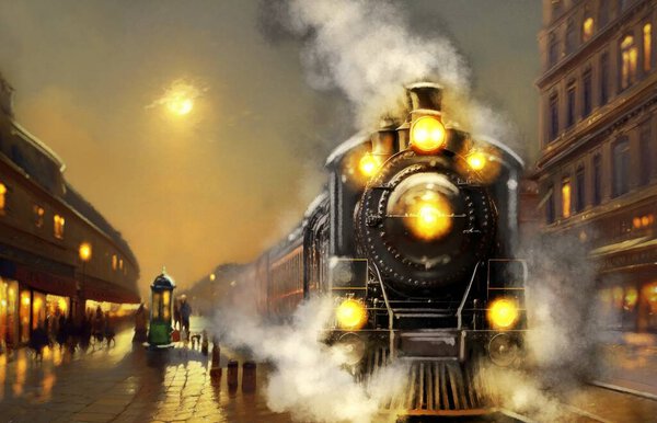 An old steam locomotive arrives at the station in the old city, night city, moon. Mysticism, smoke, old street, locomotive, magic, view of the city. Digital watercolor paintings landscape