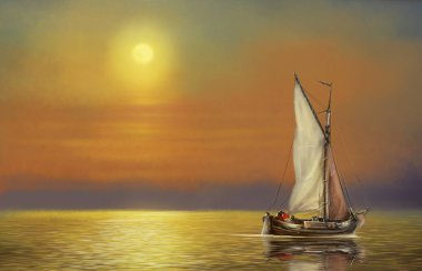 Eski balıkçı tekneleri ve balıkçılarla güzel panoramik deniz manzarası. Dijital yağlı boya tabloları deniz manzarası, günbatımında yelkenli, denizde yelkenli.