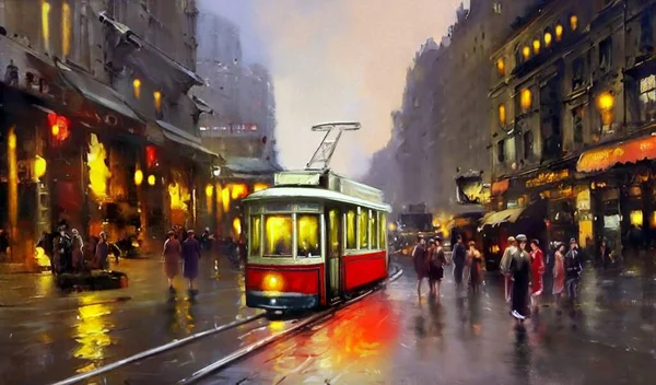 Old Tram City Night View City Oil Paintings Landscape Night — Stock Photo, Image