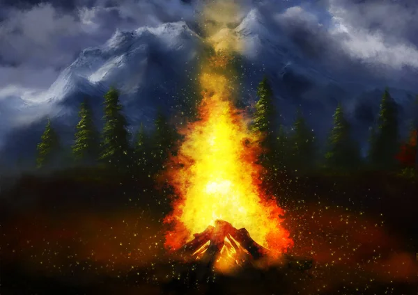 Digital Paintings Landscape Artwork Fire Sky Fire Mountains — Stock Photo, Image