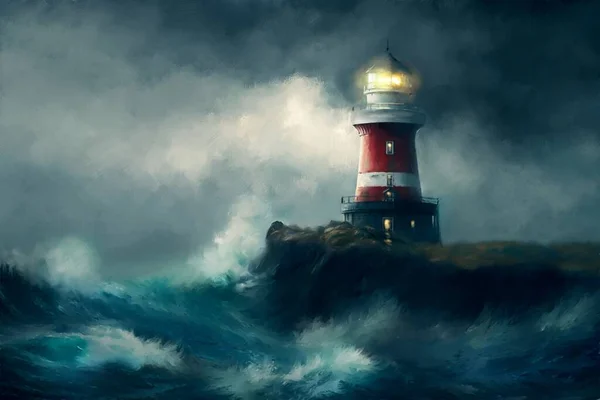 油絵海の風景 美術品 海岸の灯台 夜の灯台 — ストック写真