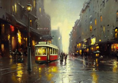 Şehirdeki eski tramvay. Şehrin gece manzarası. Yağlı boya tabloları, şehrin gece manzarası. Sanat eserleri, güzel sanatlar, gece sokakta yürüyen insanlar.