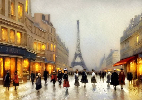 油画风景 夜景城市的城市 艺术品 街上散步的人 老巴黎 — 图库照片