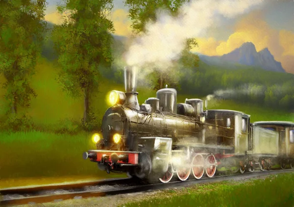 An old steam locomotive rushes along the rails in beautiful nature, a beautiful landscape, steam train on the railway, steam train in the countryside. Watercolor paintings landscape, fine art, artwork