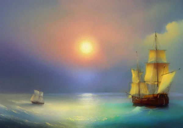 Watercolor paintings sea landscape, ship in the sea, old ship in the fog. Fine art, artwork, masterpiece of art