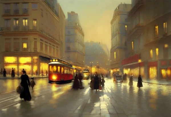 Old Tram City Night View City Oil Paintings Landscape Night — Stock Photo, Image