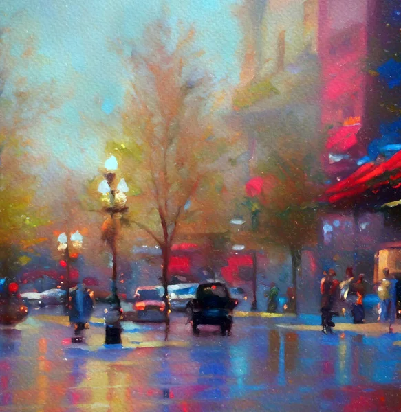 Watercolor paintings landscape, people walking in the city, people walking on the street at night