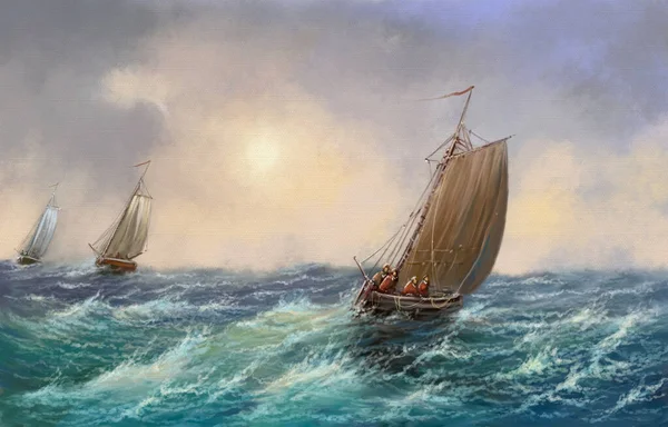 Classic Seascape Fishing Ships Boats Vintage Style Painting Fine Art — Stock Photo, Image