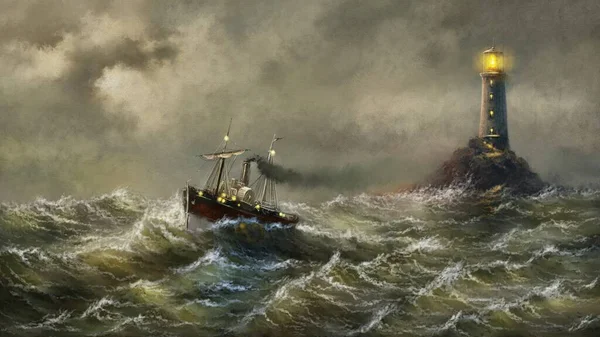 Egy Halászhajó Lebeg Hullámokon Egy Viharban Egy Világítótorony Sziklákon Megvilágítja — Stock Fotó