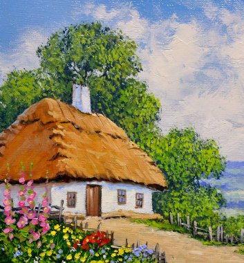 Beautiful rural landscape, old Ukrainian houses surrounded by a blooming garden of flowers, a wooden fence and thatched roofs, traditional house in the old village