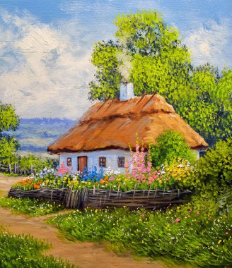 Beautiful rural landscape, old Ukrainian houses surrounded by a blooming garden of flowers, a wooden fence and thatched roofs, traditional house in the old village