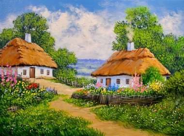 Beautiful rural landscape, old Ukrainian houses surrounded by a blooming garden of flowers, a wooden fence and thatched roofs, traditional house in the old village