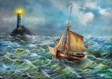 An old fishing sailboat floats on the waves past the lighthouse on the rock. Beautiful seascape of stormy sea, old ship in the sea. Oil paintings sea landscape, fine art