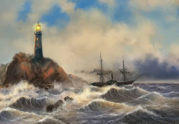 An old fishing sailboat floats on the waves past the lighthouse on the rock. Beautiful seascape of stormy sea, old ship in the sea. Oil paintings sea landscape, fine art