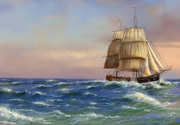 Oil paintings sea landscape, old sailing ship in the sea. A beautiful frigate swims between the waves in the ocean. Fine art, artwork