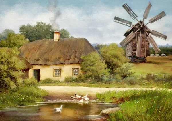 ウクライナの古い村 田舎の伝統的なウクライナの農村部の家 デジタル油絵農村風景 アートワーク — ストック写真
