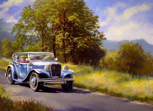 Old car in the forest. Oil paintings landscape, movement of a vintage car on a road in the forest, sunny day.