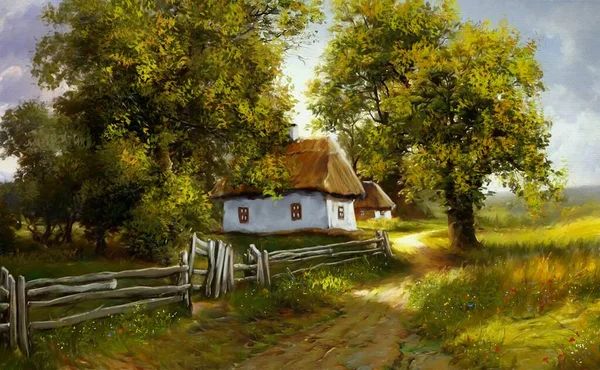 Oil paintings rural landscape, old village, old house in the woods. Beautiful summer landscape with a road in the village.