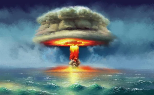 油絵海の風景 核爆発 美しい風景 空に火を燃焼 美術品美術品 — ストック写真