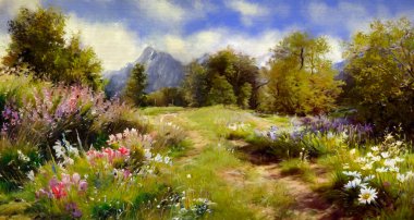 Digital oil paintings landscape, spring in the mountains. Fine art, artwork clipart