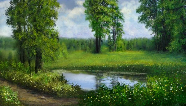 Oil paintings landscape, artwork, pond in the forest, landscape with river