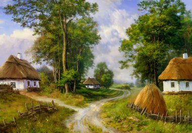 Oil paintings rural landscape, old houses in the forest. Fine art, artwork clipart