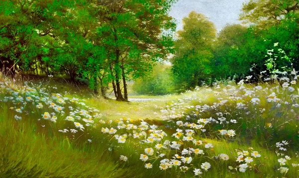 Olieverfschilderijen Landschap Weide Met Bloemen — Stockfoto
