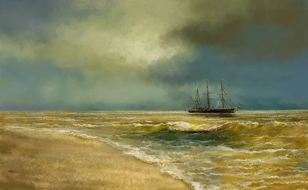 Beautiful seascape. Old fishing ship at sea, fishermen are fishing. Digital oil painting, classic painting in vibrant colors, sailing ship in the sea. Fine art, artwork.