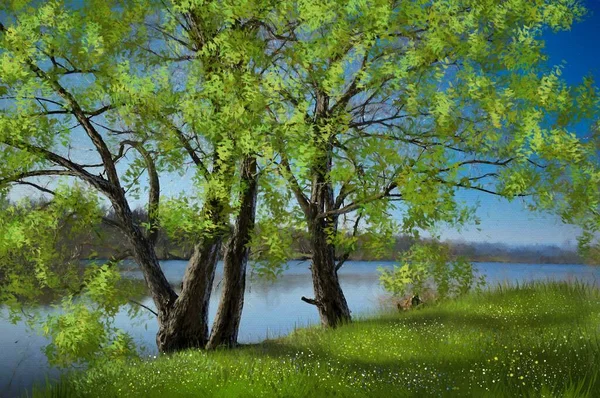 Oil paintings spring landscape, tree on the river