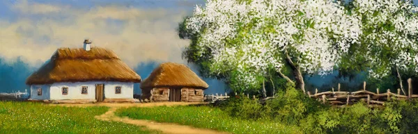 Oil paintings spring landscape, old village in the Ukraine, rural house in the countryside. Artwork, fine art, spring