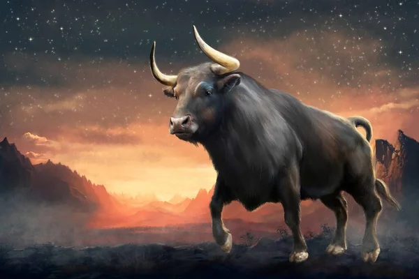 Bull in the morning, bull in the sunset. Artwork, fine art, poster, digital oil paintings landscape.