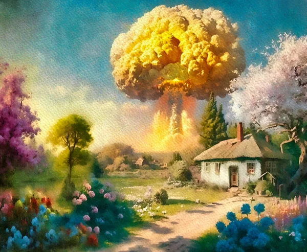 Beautiful Spring Village Landscape Backdrop Nuclear Explosion Flowers Garden Flowering — Stock Photo, Image