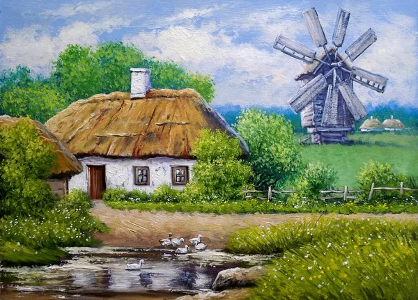 油彩画農村風景と風車と川 村のウクライナの風車 アートワーク — ストック写真