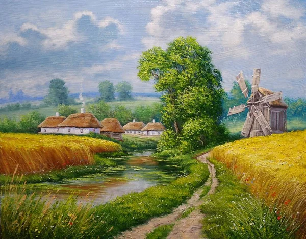 Olieverfschilderijen Landelijk Landschap Met Windmolen Rivier Oekraïense Windmolen Het Dorp — Stockfoto