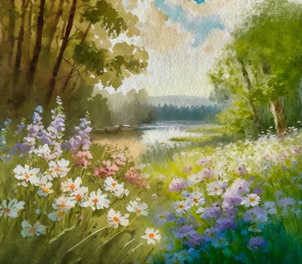 Aquarel Schilderijen Landschap Met Bloemen Ochtend Het Bos Kunstwerk Beeldende — Stockfoto