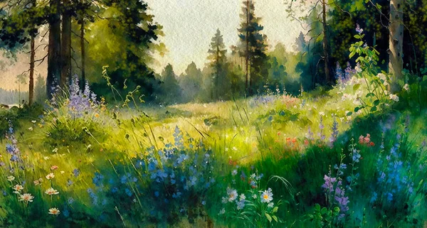 Akvarelové Malby Krajina Květinami Ráno Lese Umění Výtvarné Umění — Stock fotografie