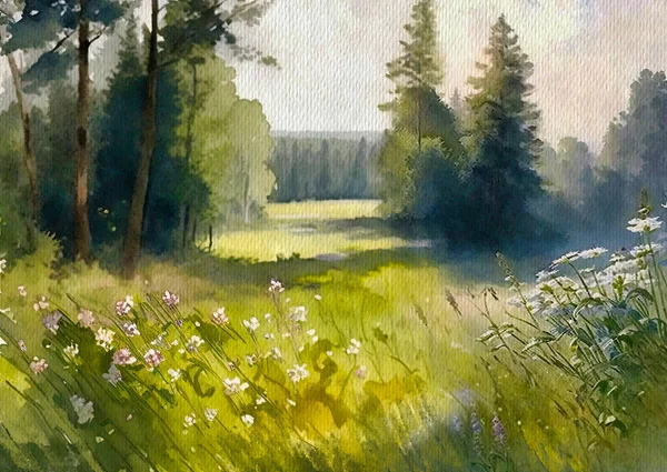 Watercolor paintings landscape with flowers, morning in the forest. Artwork, fine art.