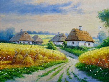Yağ tabloları kırsal alan, altın buğday tarlası, güzel sanatlar. Sanat eserleri, tarlada buğday, arka planda evi olan manzara.
